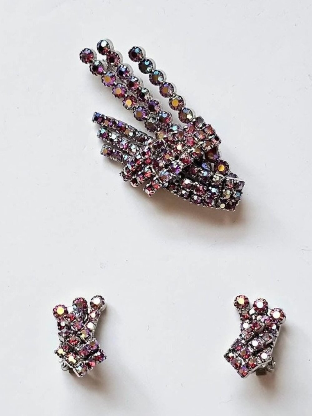 Vintage Pink AB Crystal Brooch and Clip On Earrings by Continental Jewellery